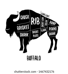 Buffalo cutting charts vector illustration for butchers shop guide. Label for farm design