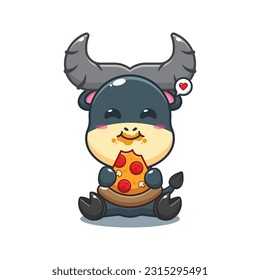 buffalo eating pizza cartoon vector illustration.