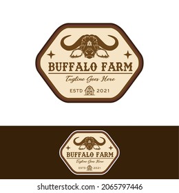 Buffalo Farm Emblem With Long Horn Logo, American Ranch Logo Inspirational Design