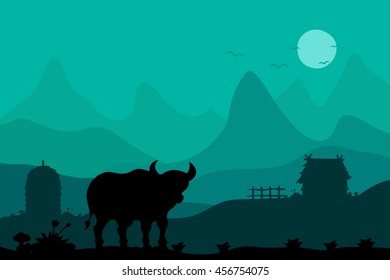 Buffalo in farm and mountain landscape vector