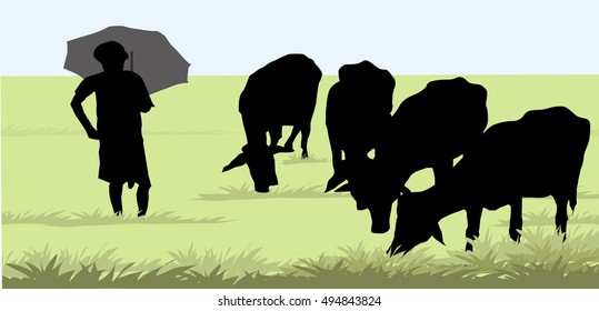 Buffalo & Farmer Silhouette - Vector