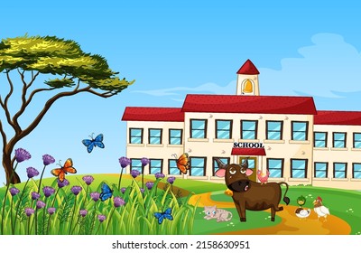 Buffalo and friends standing in front of school illustration