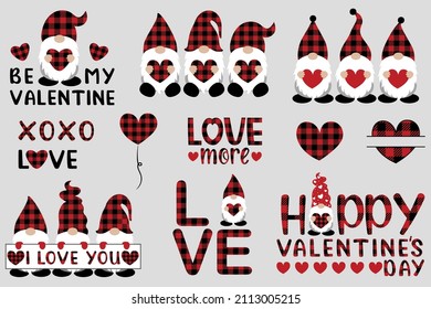 Buffalo gnome. Buffalo Plaid Valentine's Day Illustration isolated on white background. Valentines heart, gnomes.