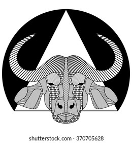 Buffalo head, black and white symmetrical drawing with patterned hatched parts, tattoo template, T-shirts printing, club totem or emblem