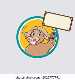 Buffalo Head Circle Label Bring Blank Sign Wood, Yellow Colors Background, Mascot, Icon, Character or Logo, Vector and Illustration.