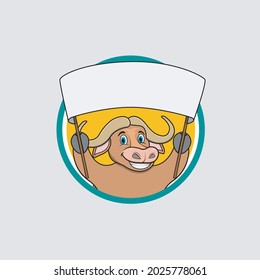 Das Büffel-Head-Circle-Label Banner-Zeichen, gelbe Farbhintergründe, Maskottchen, Symbol, Zeichen oder Logo, Vektorgrafik und Illustration.