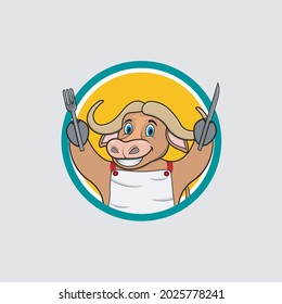Buffalo Head Circle Label Bring Fork and Knife , Yellow Colors Background, Mascot, Icon, Character or Logo, Vector and Illustration.