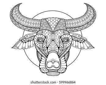 Buffalo head coloring book vector illustration. Black and white lines. Lace pattern