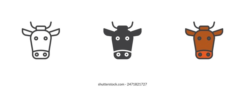 Buffalo head different style icon set. Line, glyph and filled outline colorful version, outline and filled vector sign. Cow symbol, logo illustration. Vector graphics
