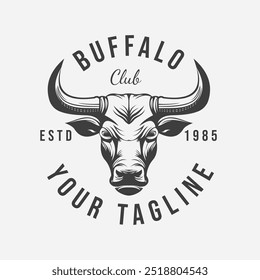 Buffalo Head Emblem Design with Horns in Vintage Retro Style. Illustration of Sports Club Logo Design