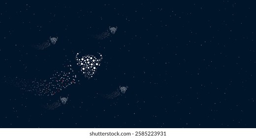 A buffalo head filled with dots flies through the stars leaving a trail behind. Four small symbols around. Empty space for text on the right. Vector illustration on dark blue background with stars