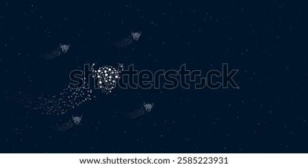 A buffalo head filled with dots flies through the stars leaving a trail behind. Four small symbols around. Empty space for text on the right. Vector illustration on dark blue background with stars