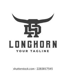 Buffalo Head Horn, Bull, cow, vintage Texas restaurant longhorn logo. letter D.H. Vintage farm company logo svg
