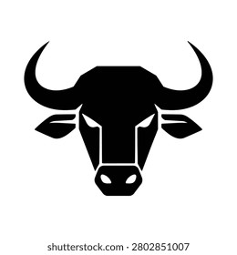 Buffalo head icon with massive curved horns, broad forehead and dark angular muzzle in a bold black and white geometric animal design