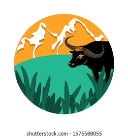 Buffalo, head peeking out of grass leaves, mountain peaks - round icon - isolated on white background - vector. Environmental Protection. Animal world.