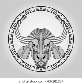 Buffalo head, symmetric hatched drawing in circle, isolated picture