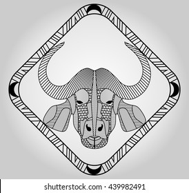 Buffalo head, symmetric hatched drawing in diamond frame, isolated picture, emblem, tattoo template