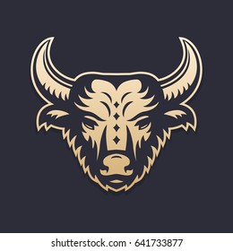 buffalo head vector illustration, gold over dark, vector pictogram