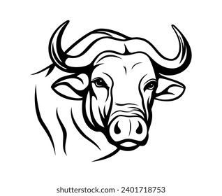 Buffalo head vector illustration. Ox, drawing, horns, head, symbol, image, emblem on a white background. Flat style buffalo face for graphic and web design, logo, template, tattoo and more.