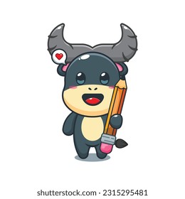 buffalo holding pencil cartoon vector illustration.