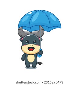 buffalo holding umbrella cartoon vector illustration.