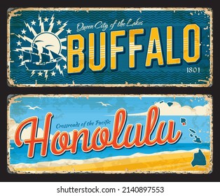 Buffalo, Honolulu american cities plates and travel stickers. American journey tin sign, USA city grungy vector stickers or souvenir postcards. United States city plates with city seal or flag symbol