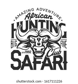 Buffalo hunter club badge, African safari hunting open season icon and t-shirt print template. Vector buffalo bull trophy, wild animal hunt amazing adventure, premium stars club