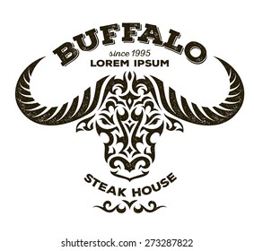 Buffalo Illustration. Vector Logo In Tribal Tattoo Style Isolated On White Background.