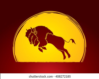 Buffalo Jumping designed on moonlight background graphic vector
