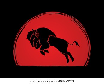 Buffalo Jumping designed on sunrise background graphic vector