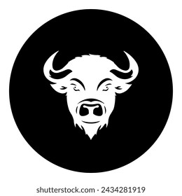 A buffalo logo in the center. Isolated white symbol in black circle. Vector illustration on white background