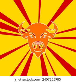 Buffalo logo on a background of red flash explosion radial lines. The large orange symbol is located in the center of the sun, symbolizing the sunrise. Vector illustration on yellow background