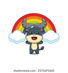 buffalo mascot cartoon character vector illustration with rainbow.
design element for poster, brochure, web, mascot, sticker, logo and icon.