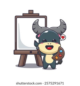 buffalo mascot cartoon character vector illustration wants to paint on canvas.
design element for poster, brochure, web, mascot, sticker, logo and icon.