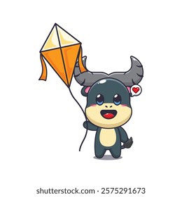 buffalo mascot cartoon character vector illustration playing kite.
design element for poster, brochure, web, mascot, sticker, logo and icon.