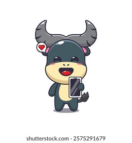 buffalo mascot cartoon character vector illustration with mobile phone.
design element for poster, brochure, web, mascot, sticker, logo and icon.