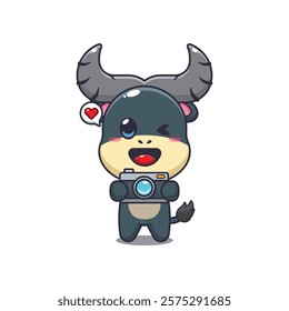 buffalo mascot cartoon character vector illustration with camera.
design element for poster, brochure, web, mascot, sticker, logo and icon.