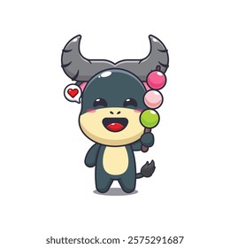 buffalo mascot cartoon character vector illustration eating dango. 
design element for poster, brochure, web, mascot, sticker, logo and icon.