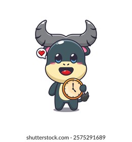 buffalo mascot cartoon character vector illustration with clock.
design element for poster, brochure, web, mascot, sticker, logo and icon.