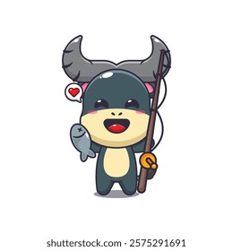 buffalo mascot cartoon character vector illustration catching fish with fishing rod.
design element for poster, brochure, web, mascot, sticker, logo and icon.