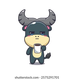 buffalo mascot cartoon character vector illustration is tired and sleepy holding coffee. 
design element for poster, brochure, web, mascot, sticker, logo and icon.