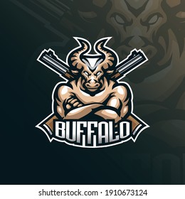 buffalo mascot logo design with modern illustration concept style for badge, emblem and tshirt printing. angry buffalo illustration.
