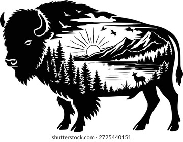Buffalo Mountain Scene - Bison on Mountain Landscape - Wilderness Wildlife Art - Mountain Buffalo Silhouette