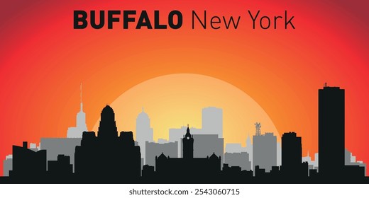 Buffalo, New York skyline with silhouettes of buildings against the backdrop of a large yellow sun and orange sky. Vector on the background of sunset