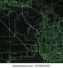 Buffalo, Niagara City Map explore the intricate balance of form and function in this meticulous scalable vector illustration where neon green hues and monochrome design reveal a structured urban grid.