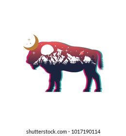 buffalo and night mountain landscape, double exposure, space view, glitch art, fantasy  style. Vector illustrations