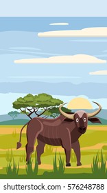 Buffalo on the background of the African landscape, savanna, Cartoon style, vector illustration