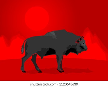 Buffalo on a stylized mountain background, Vector illustration