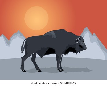 Buffalo on a stylized mountain background, Vector illustration