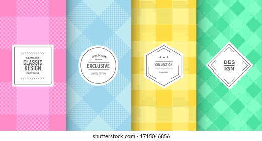 Buffalo pastel check plaid patterns. Set of vector lumberjack ornaments. Hipster flannel shirt background design. Patterns for vintage card, brochure design, fabric and cloth. Cute pastel colors Immagine vettoriale stock